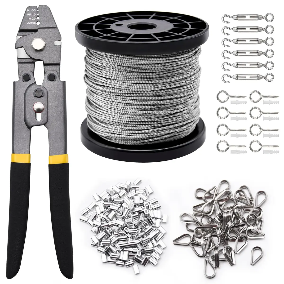 FGBNM 1/16" Wire Rope Kit with Turnbuckles & Eye Screws, 328ft (99.97m) Stainless Steel Cable - main product image
