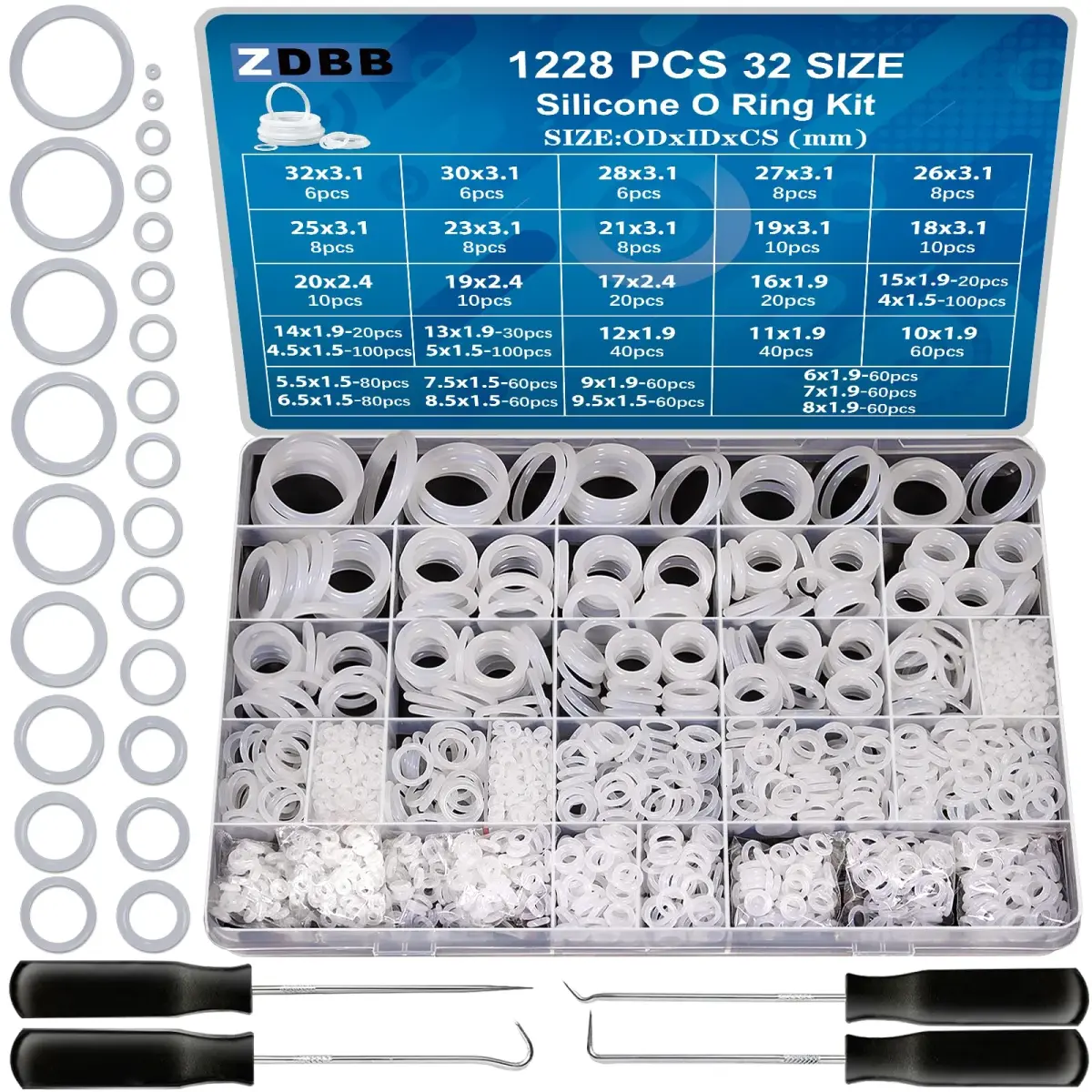 ZDBB White 1228 PCS Silicone O-Ring Kit | Assorted Sizes for Faucets & Plumbing - main product image