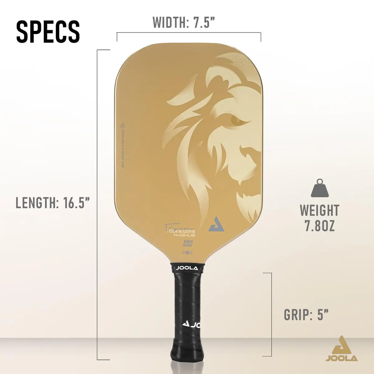 JOOLA Magnus CAS 14mm Pickleball Paddle - Edgeless Design & Extra Long Reach, Lightweight Carbon Fiber Core, Gold Tyson McGuffin Lion Paddle (16.5") - view 3