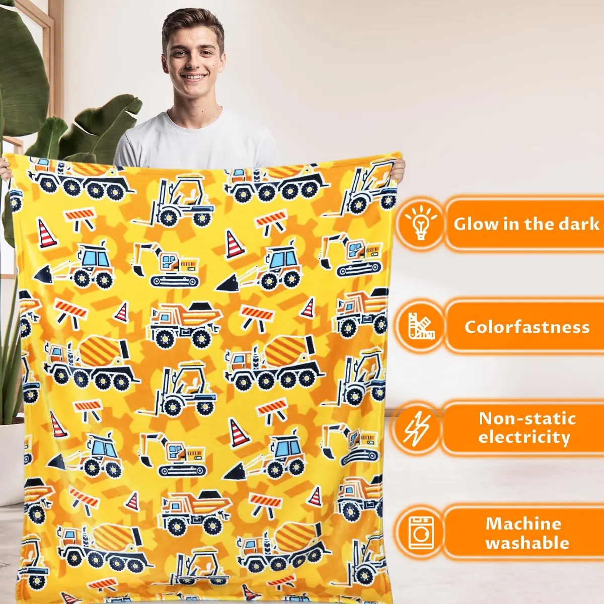 UOFON Construction Truck Excavator Blanket for Boys, Kids, 50" x 60" | Glow in the Dark Cozy Fleece Throw - view 5