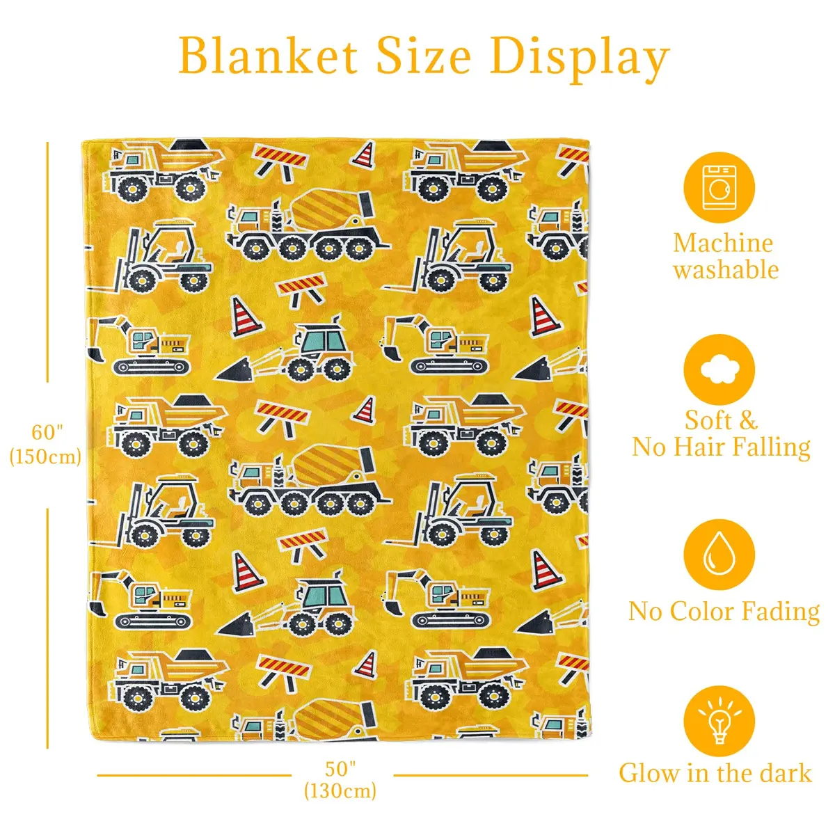 UOFON Construction Truck Excavator Blanket for Boys, Kids, 50" x 60" | Glow in the Dark Cozy Fleece Throw - view 6