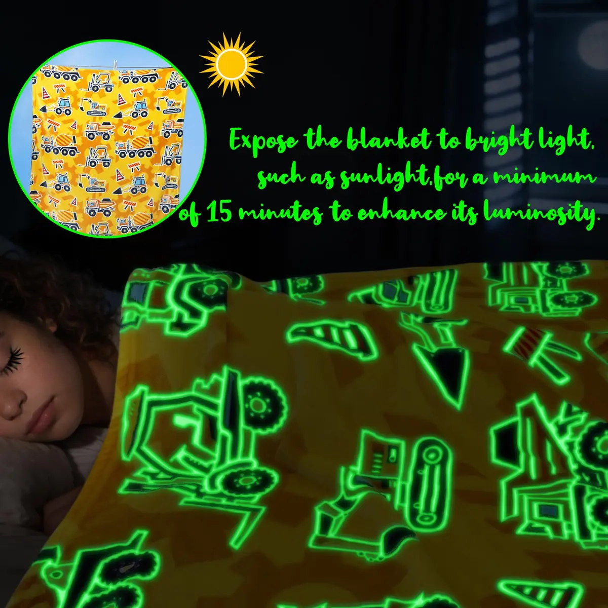 UOFON Construction Truck Excavator Blanket for Boys, Kids, 50" x 60" | Glow in the Dark Cozy Fleece Throw - view 2