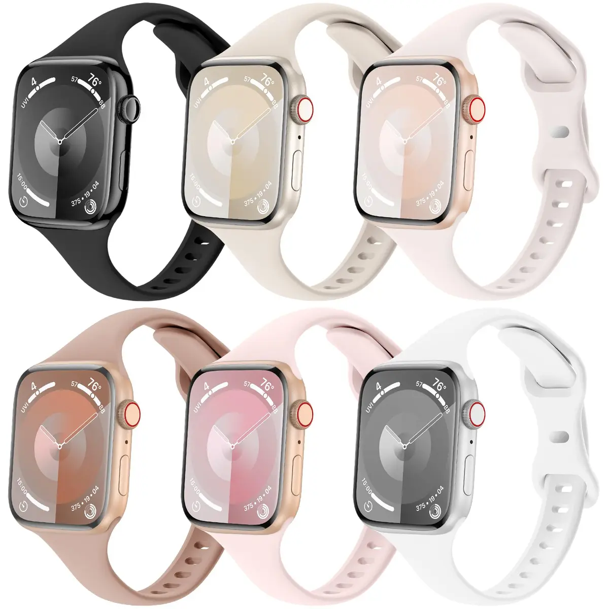 Eilesuny 6 Pack Slim Thin Silicone Watch Bands for Apple Watch 38mm-49mm | Water-Resistant & Breathable - main product image