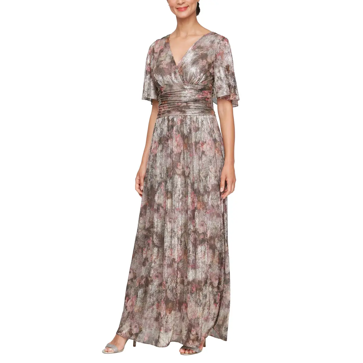 S.L. Fashions Women's Plus Size Long A-line Gown w/Flutter Sleeves & Ruched Waist, Taupe Multi, 16W | Elegant Wedding Guest Dress - main product image