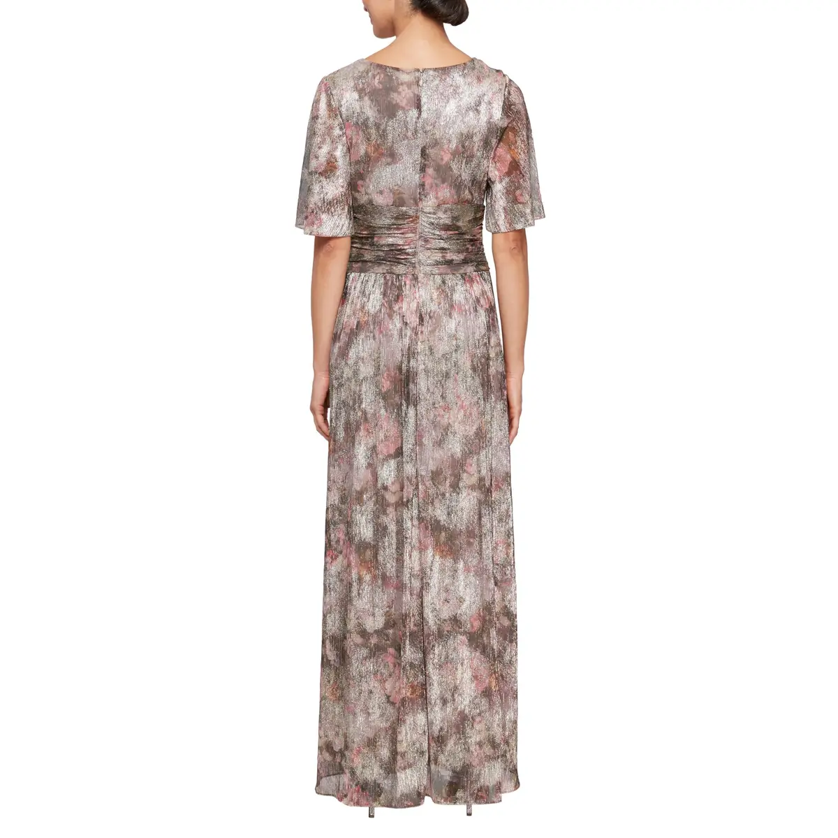 S.L. Fashions Women's Plus Size Long A-line Gown w/Flutter Sleeves & Ruched Waist, Taupe Multi, 16W | Elegant Wedding Guest Dress - view 2
