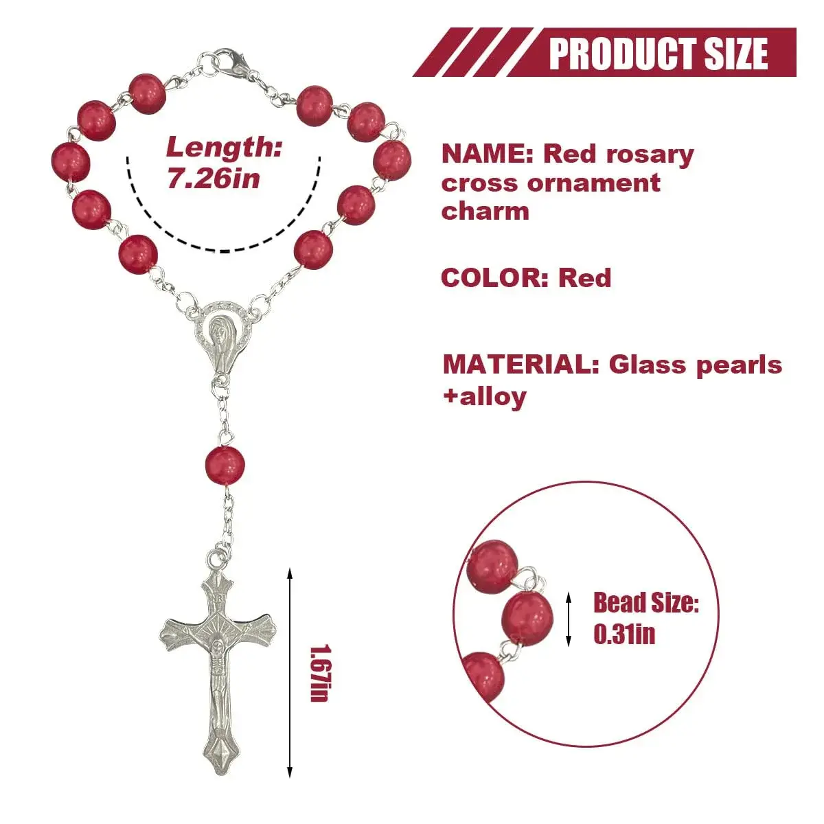 smilfuy 2PCS Car Rosary Red Pendant with Cross Charm | 18.4cm (7.26 inch) Total Length - view 2