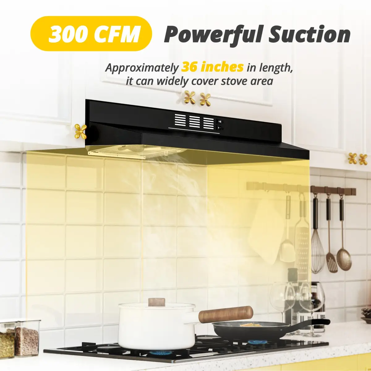 FIREGAS 91.4cm (36 Inch) Under Cabinet Range Hood - Black Painted Stainless Steel, 300 CFM, 2-Speed, Convertible Duct/Ductless - view 2
