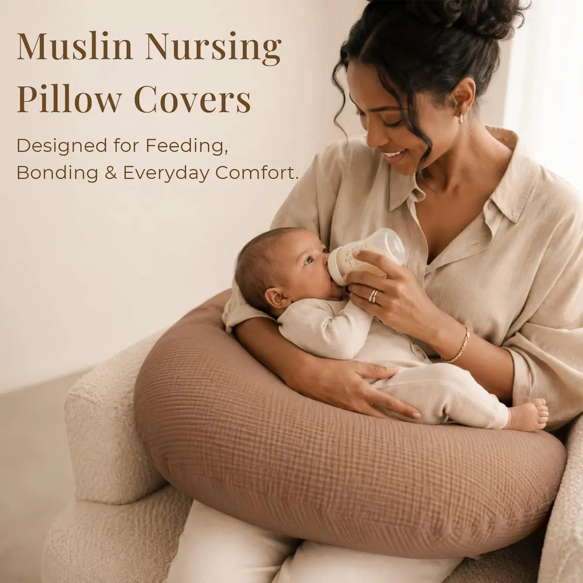 Konssy Muslin Nursing Pillow Covers - 2 Pack, Cream Soft Cotton Slipcover for Baby | 63.5 x 45.7 cm (25 x 18 inches) - view 5