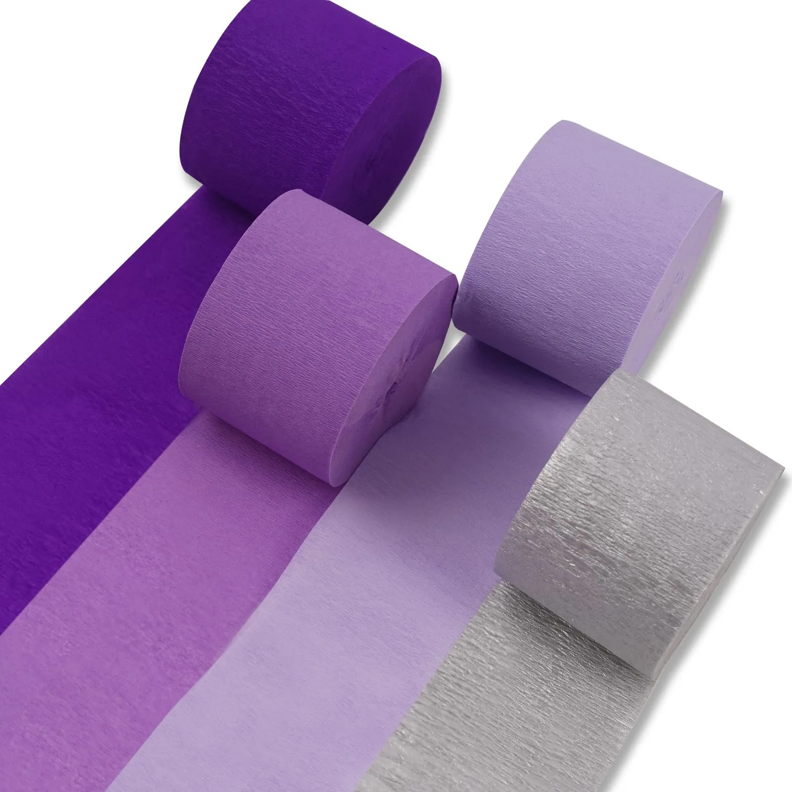 PartyWoo Crepe Paper Streamers 4 Rolls | Dark Purple, Purple, Lilac & Silver Party Streamers (82 Ft/Roll) - main product image