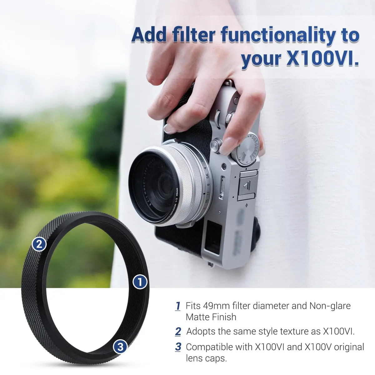JJC Metal Lens Filter Adapter Ring for Fuji X100VI X100V X100F X100T X100S X100 X70 Cameras | Attaches 49mm Filters & Fuji FLCP-49 Lens Cap - view 3