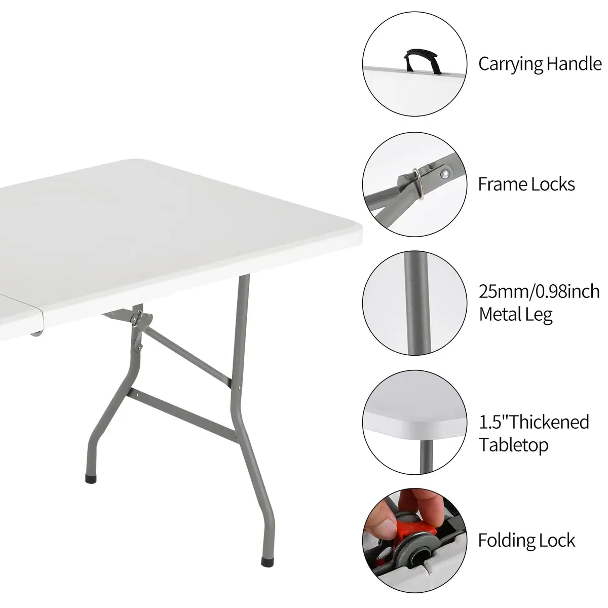 WGCTEK Folding Table 6ft | Portable Fold-in-Half Utility Table with Cloth for Party, Camping, Picnic, Banquet, Card, Wedding, Kitchen, BBQ - White - view 5