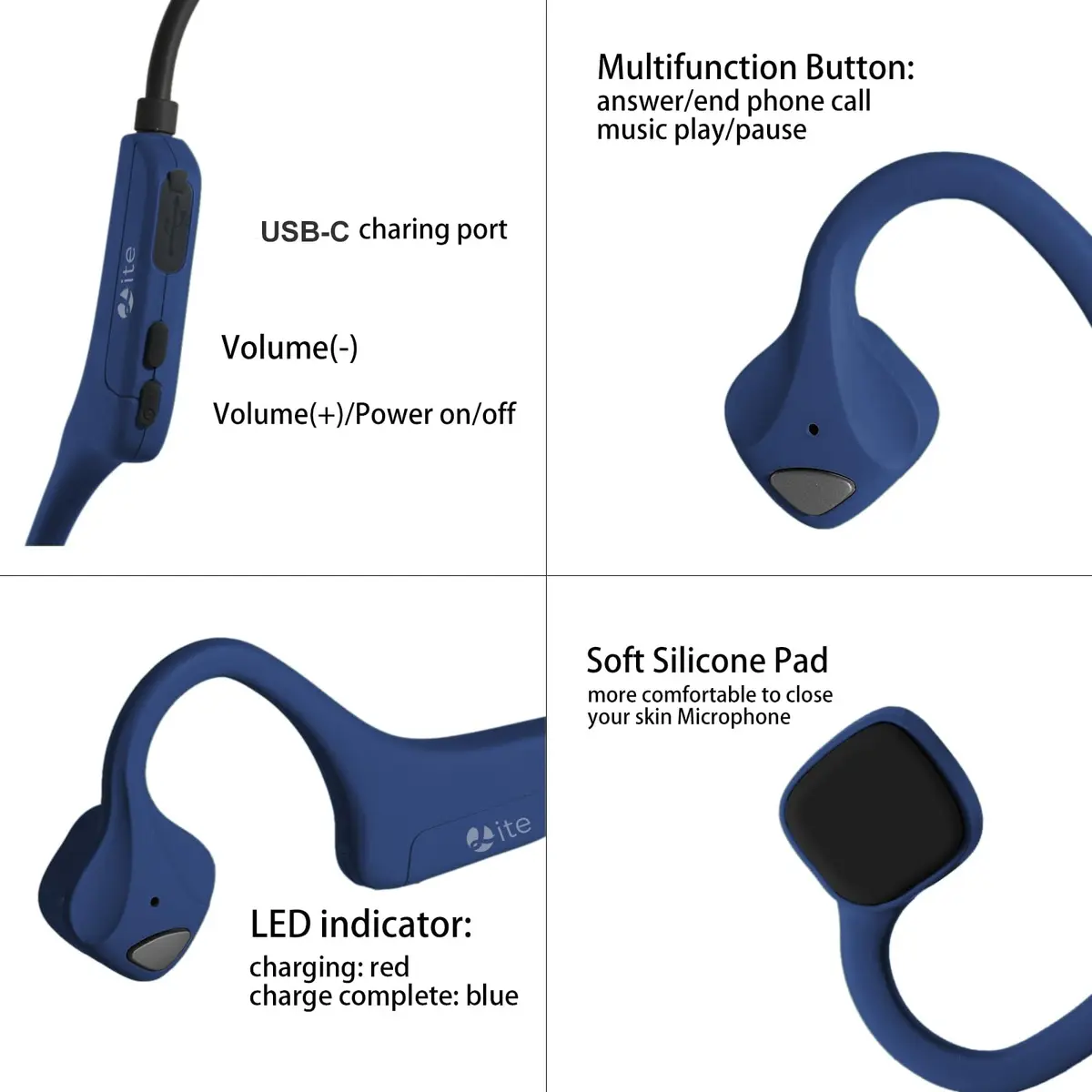 YouthWhisper Open Ear Bone Conduction Headphones Navy Blue | Bluetooth 5.0, IP65 Waterproof, 8-Hour Battery - view 7