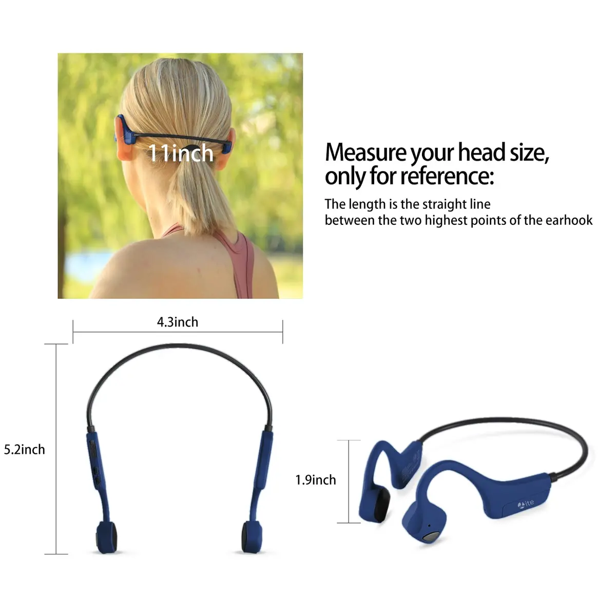YouthWhisper Open Ear Bone Conduction Headphones Navy Blue | Bluetooth 5.0, IP65 Waterproof, 8-Hour Battery - view 9