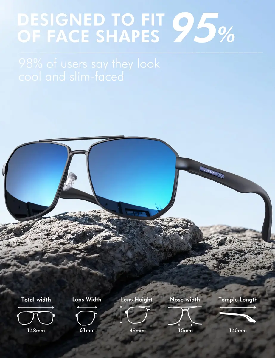 Luenx Aviator Polarized Sunglasses for Men: Square UV400 Driving | High-Quality UV Protection - view 5