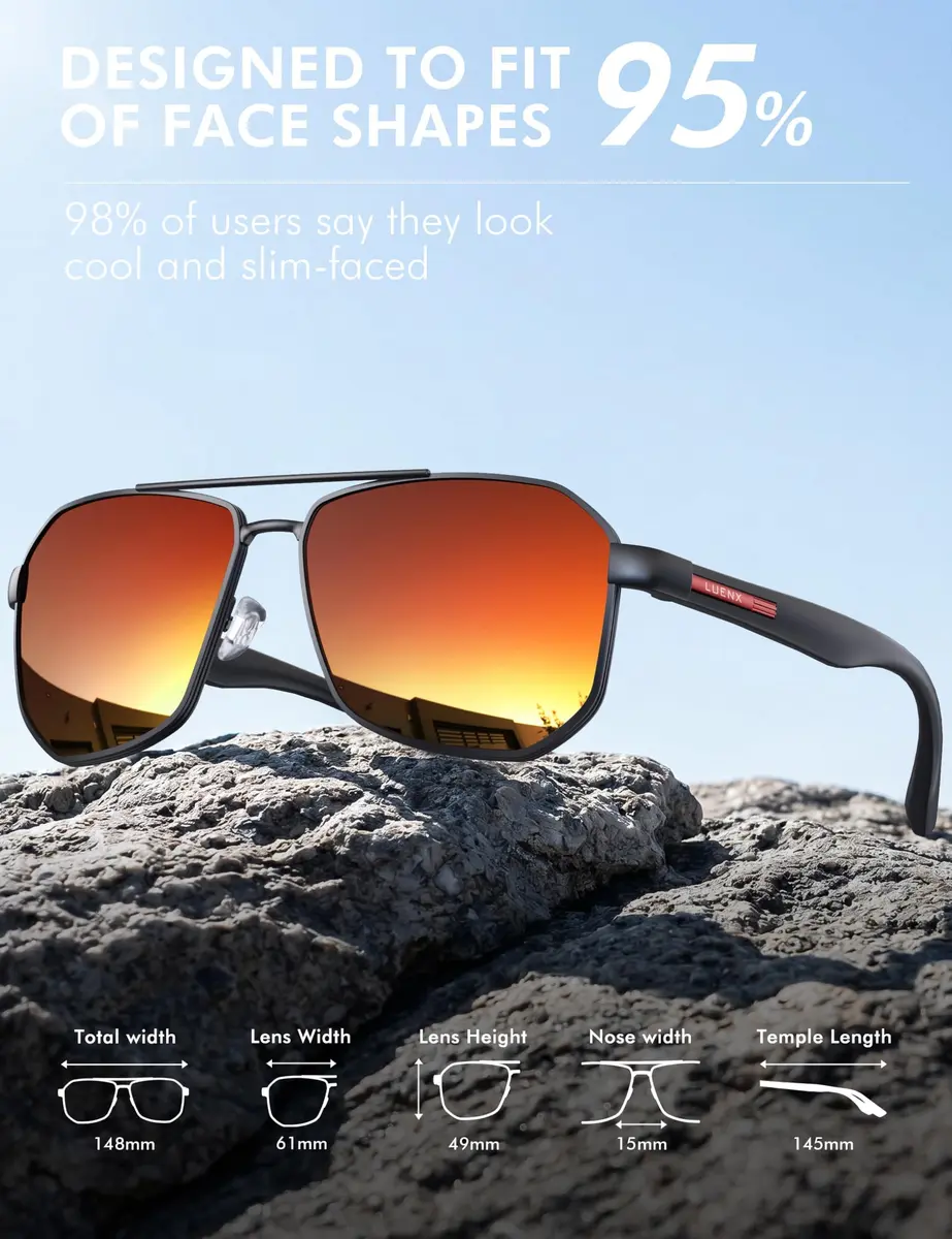 Luenx Aviator Polarized Sunglasses for Men: Square UV400 Driving - view 5