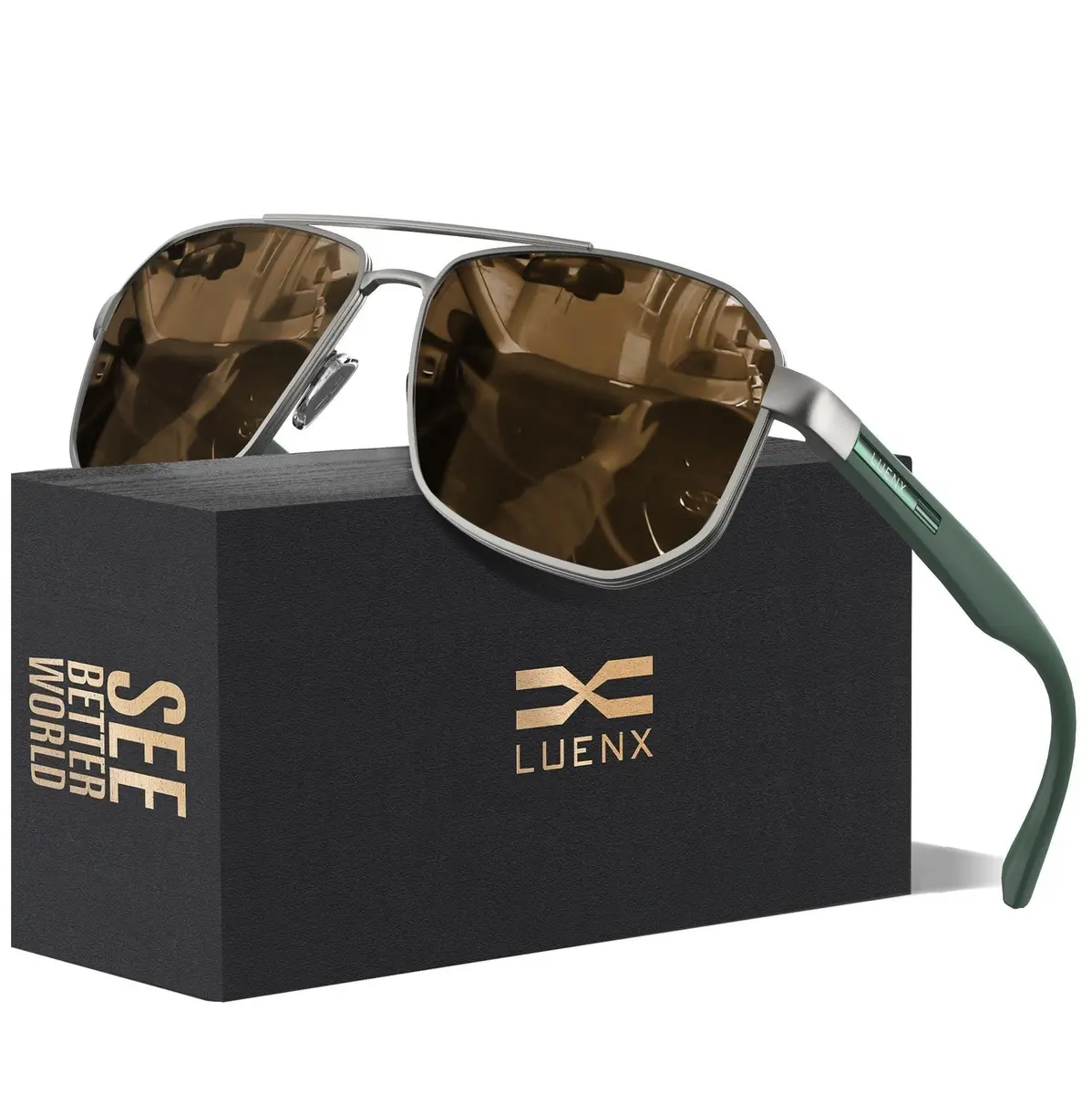 Luenx Aviator Polarized Sunglasses for Men: Square UV400 Driving, 61mm (2.4 inches) - main product image