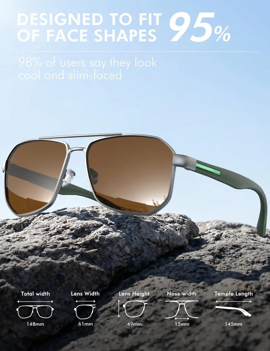 Luenx Aviator Polarized Sunglasses for Men: Square UV400 Driving, 61mm (2.4 inches) - view 5