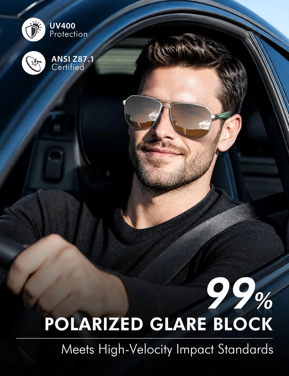 Luenx Aviator Polarized Sunglasses for Men: Square UV400 Driving, 61mm (2.4 inches) - view 2
