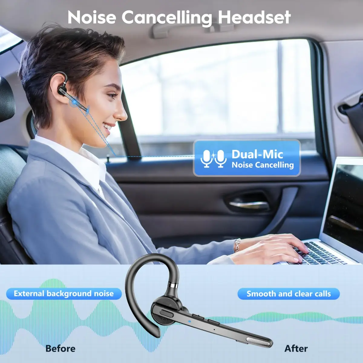 New Bee M53 Bluetooth Headset with 500mAh Charging Case | 72H Talktime, Dual Mic Noise Cancelling - view 3