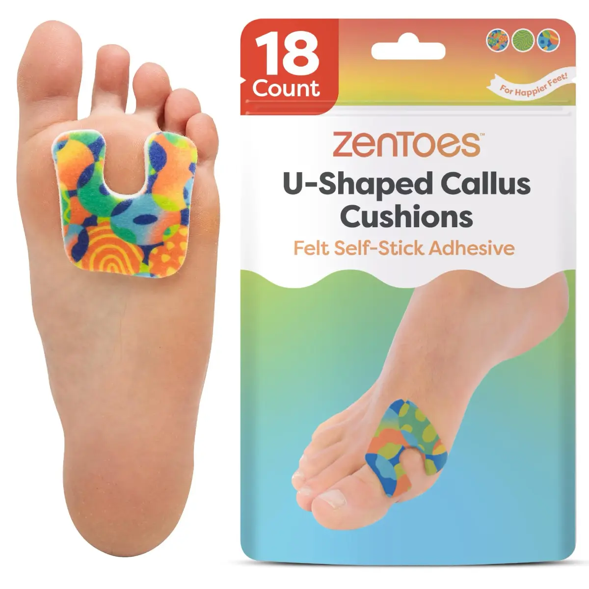 ZenToes U-Shaped Felt Callus Pads 18 Count | Protects Feet from Friction and Pressure - main product image