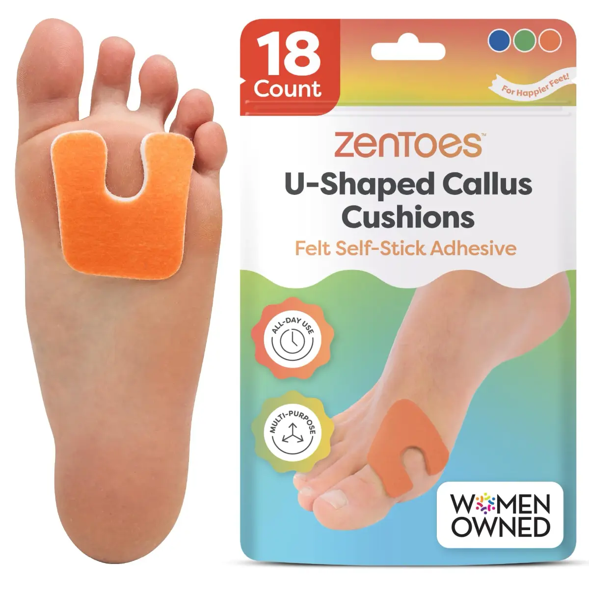 ZenToes U-Shaped Felt Callus Pads 18 Count | Cushioning for Foot Pain Relief - main product image