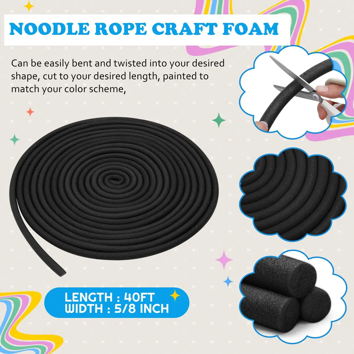 Frienda Black Foam Noodles for Crafts 12.2m (40 Ft) | Versatile Pool Noodles for Modeling and DIY Arts - view 2