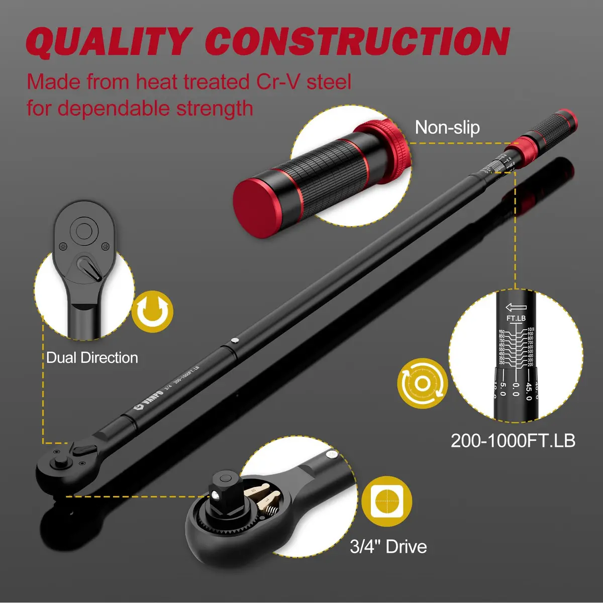 VANPO 3/4-Inch Drive Click Torque Wrench 200-1000 ft‑lb Heavy Duty | Precision Industrial Tool - view 4