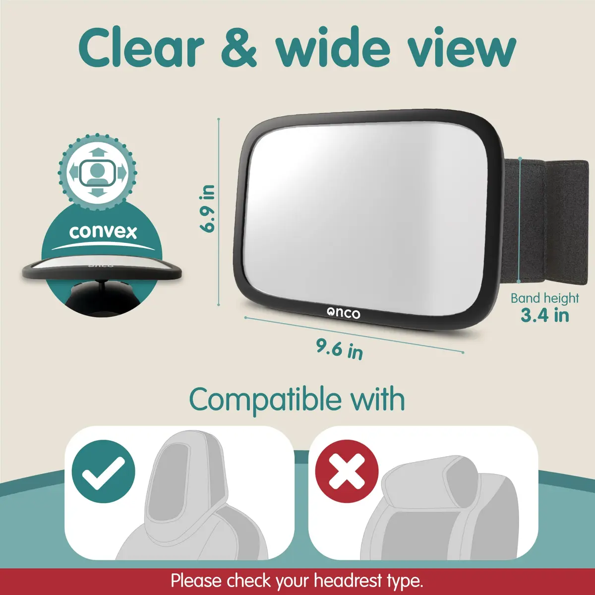 Onco Baby Car Mirror for Fixed Headrests - Tesla-Compatible Non-Slip Mirror | 23.4cm x 17.3cm - view 4