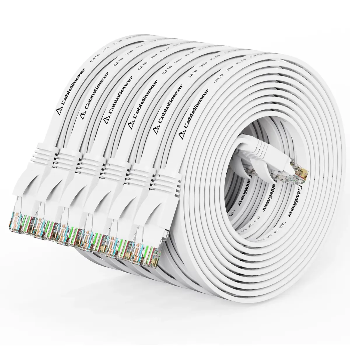 CableGeeker Cat 6 Flat Ethernet Cable 10ft White-Flat (6 Pack) - High Speed Network Cord - main product image