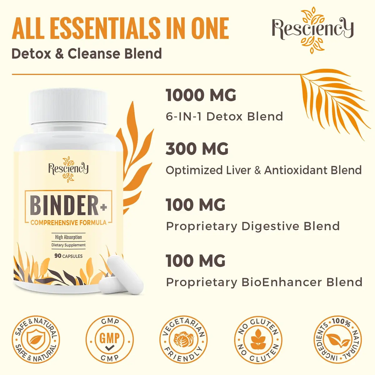 Resciency Detox Binder Supplement - Activated Charcoal, Zeolite, Bentonite Clay | Liver & Gut Support, Max Absorption, 90 Count (Pack of 2) - view 5