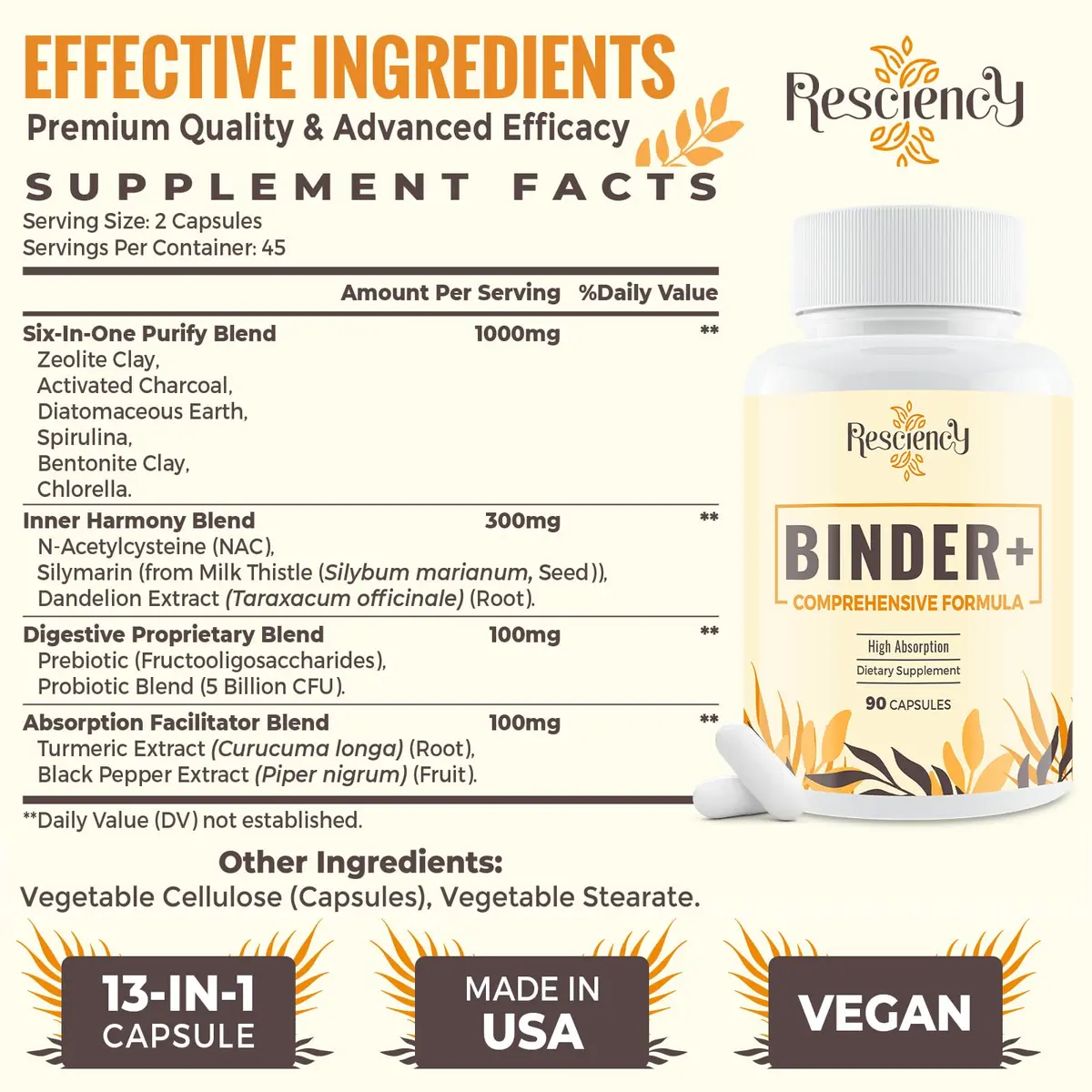 Resciency Detox Binder Supplement - Activated Charcoal, Zeolite, Bentonite Clay | Liver & Gut Support, Max Absorption, 90 Count (Pack of 2) - view 2
