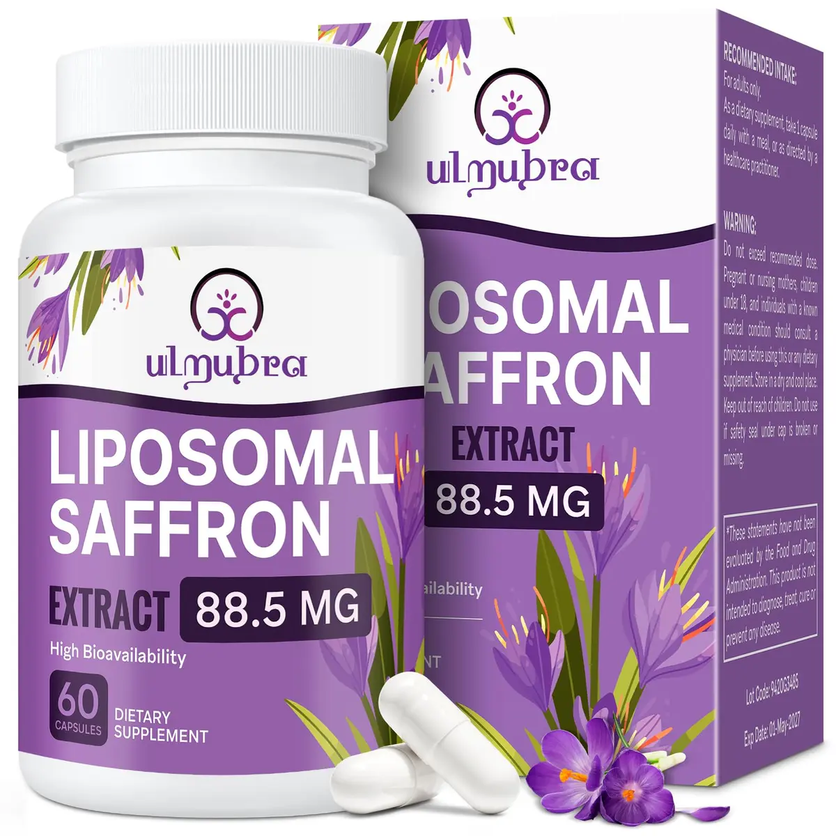 Ulmubra Liposomal Saffron Supplements 88.5 mg | Maximum Absorption for Mood, Energy & Vision - 60 Vegan Capsules - main product image