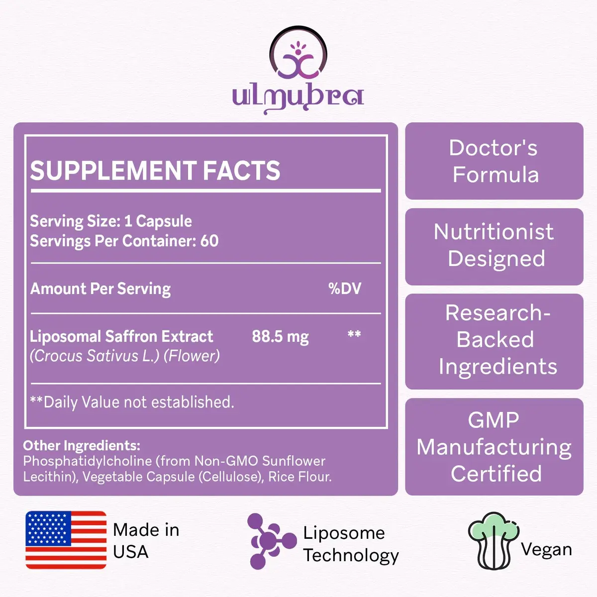 Ulmubra Liposomal Saffron Supplements 88.5 mg | Maximum Absorption for Mood, Energy & Vision - 60 Vegan Capsules - view 2