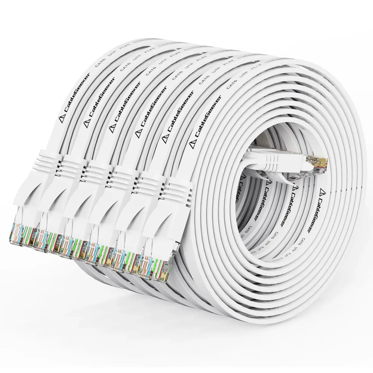 CableGeeker Cat 6 Flat Ethernet Cable 7ft White - 6 Pack Network Cord with Snagless RJ45 Connectors - main product image