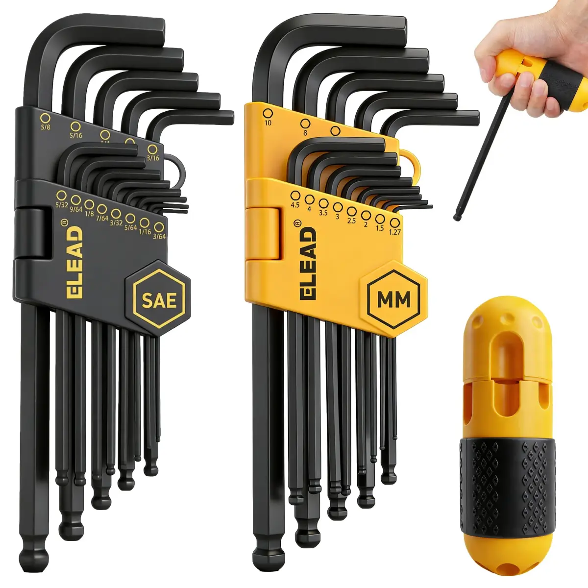 ELEAD 27-Piece Hex Key Allen Wrench Set with Grip Handle, Long & Short Arms, Ball End, Metric & SAE Sizes | Heat-Treated Chrome Vanadium Steel - main product image