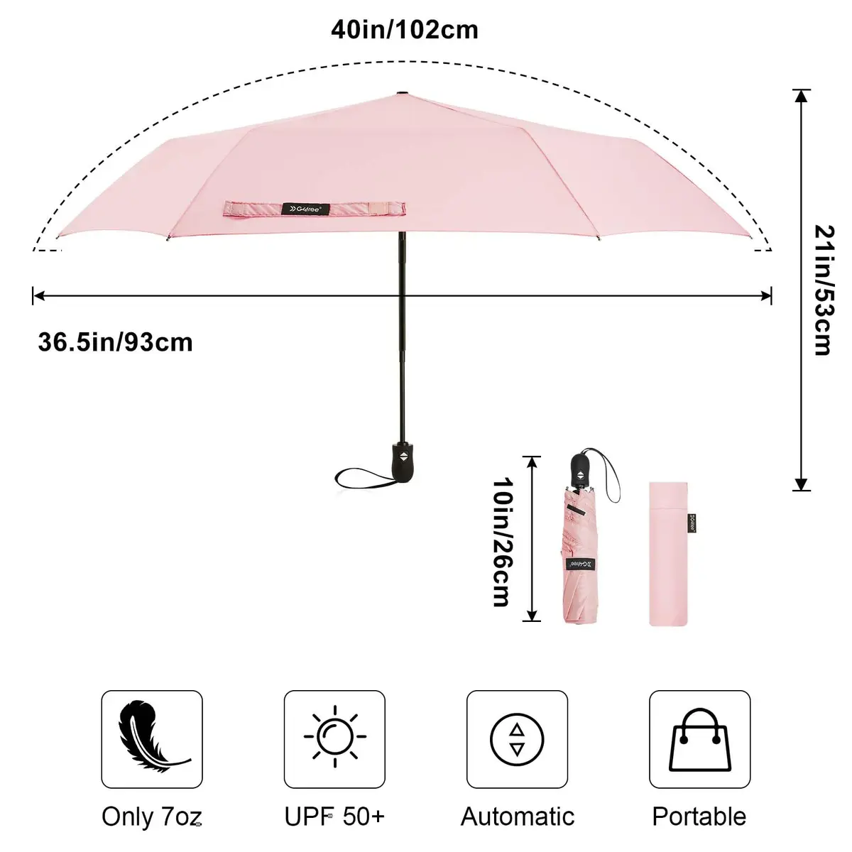 G4Free 40 Inch Compact Automatic Folding Umbrella Pink | UPF 50+ UV Protection - view 2