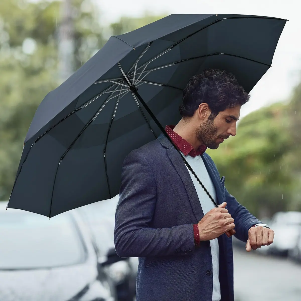 G4Free 54 Inch Large Windproof Golf Umbrella Dark Blue | Automatic Open Close, Double Canopy, Wood Handle - view 7
