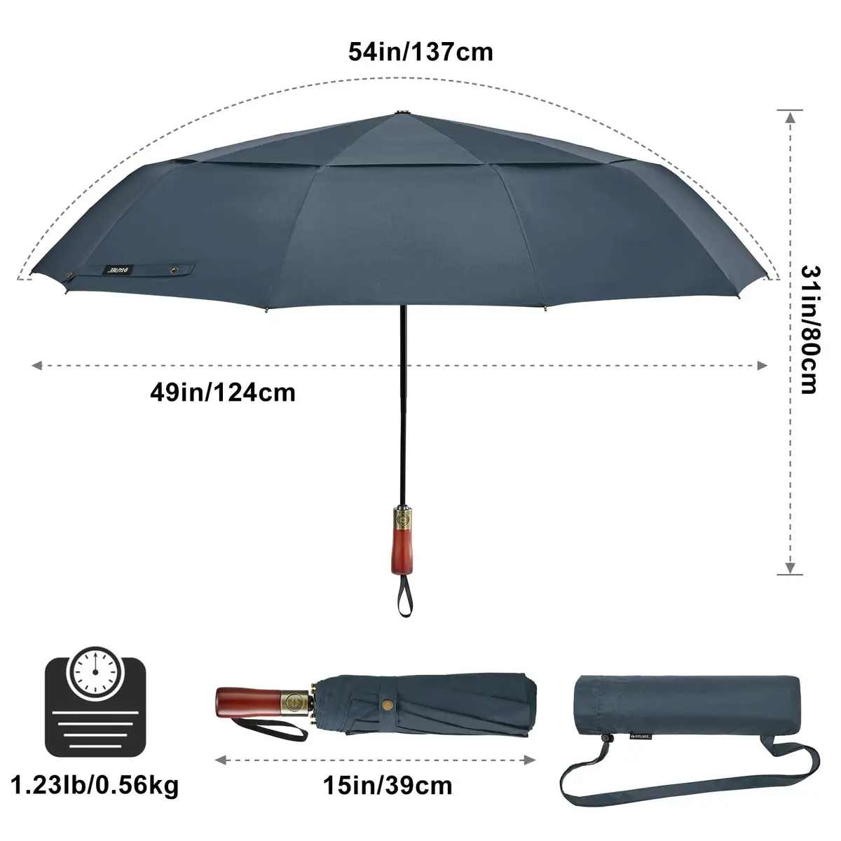 G4Free 54 Inch Large Windproof Golf Umbrella Dark Blue | Automatic Open Close, Double Canopy, Wood Handle - view 4