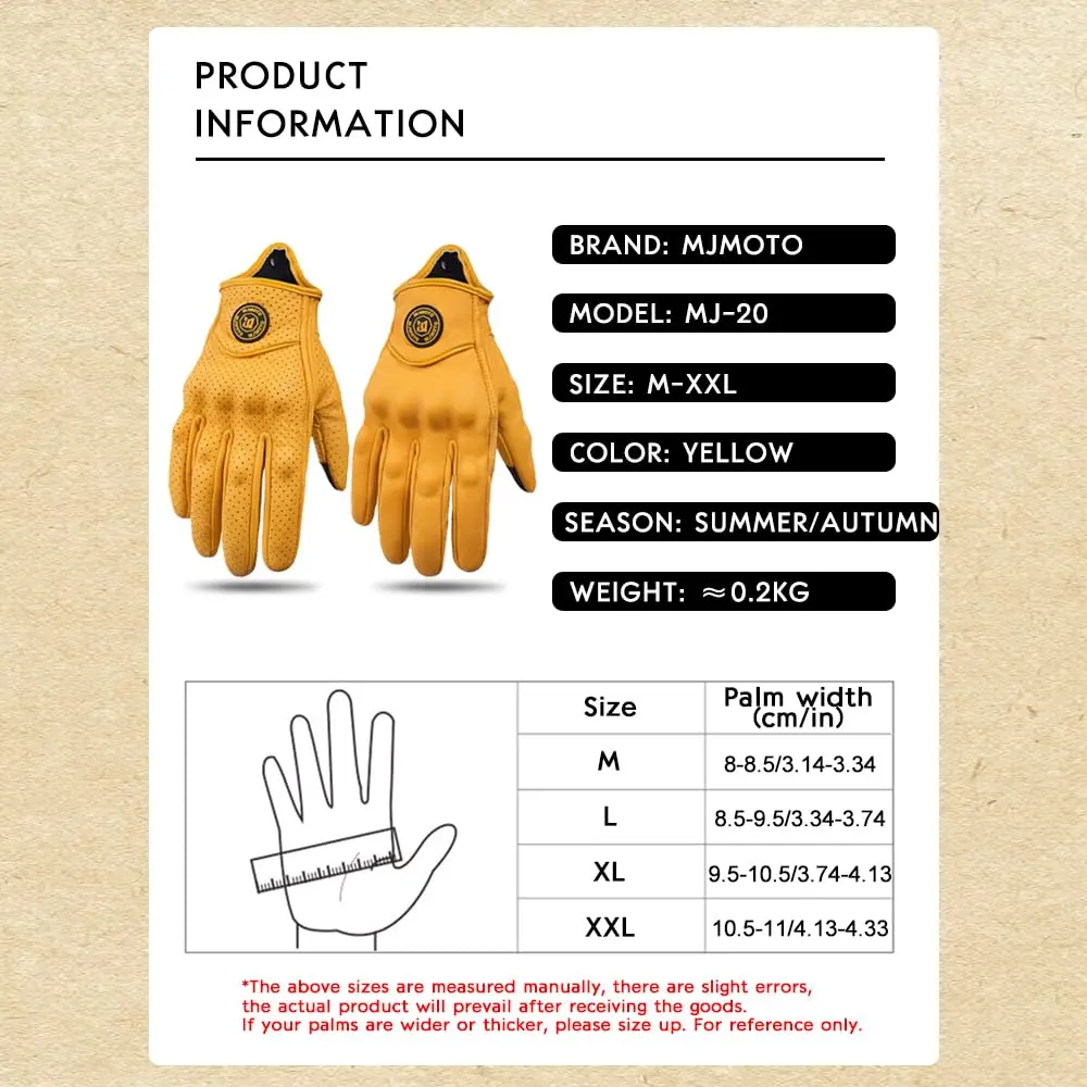 mjmoto Men's Classic Goat Leather Motorcycle Gloves, Hard Knuckle Vintage Riding Gear (Yellow, Large) | Impact-Resistant & Ventilated - view 6
