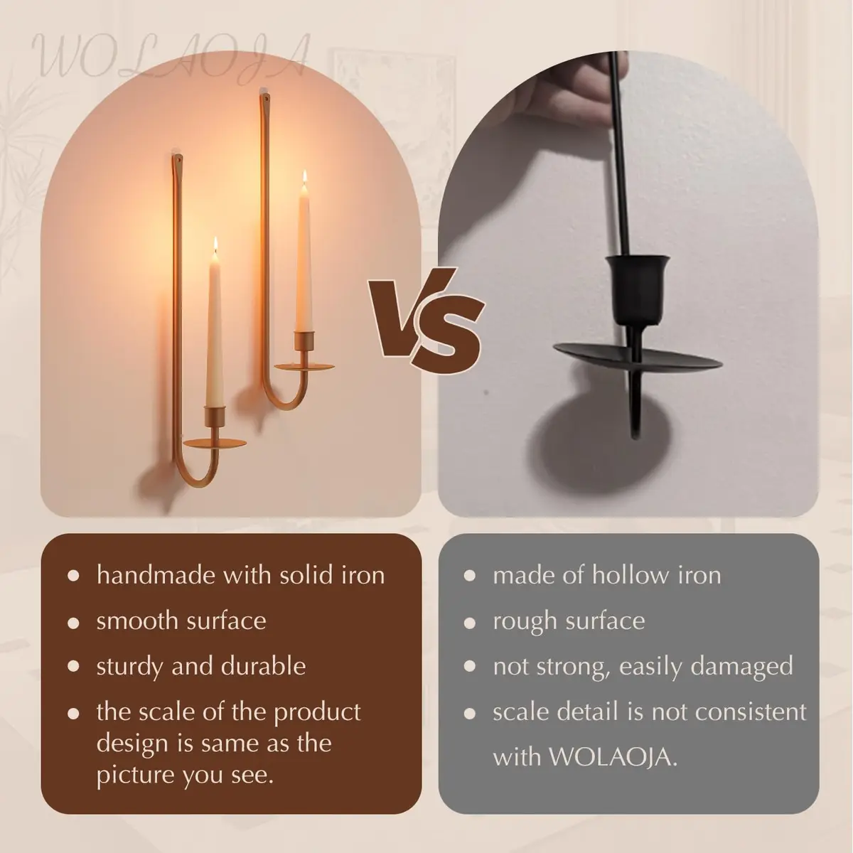 WOLAOJA Metal Wall Candle Sconce Set of 2 Brass Wall Mount Candle Holders | Modern & Farmhouse Decor - view 5