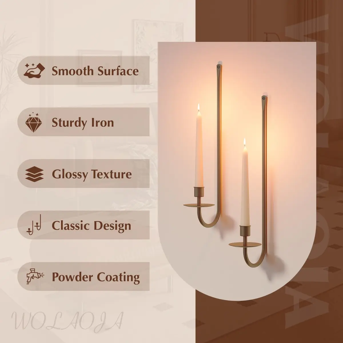 WOLAOJA Metal Wall Candle Sconce Set of 2 Brass Wall Mount Candle Holders | Modern & Farmhouse Decor - view 3