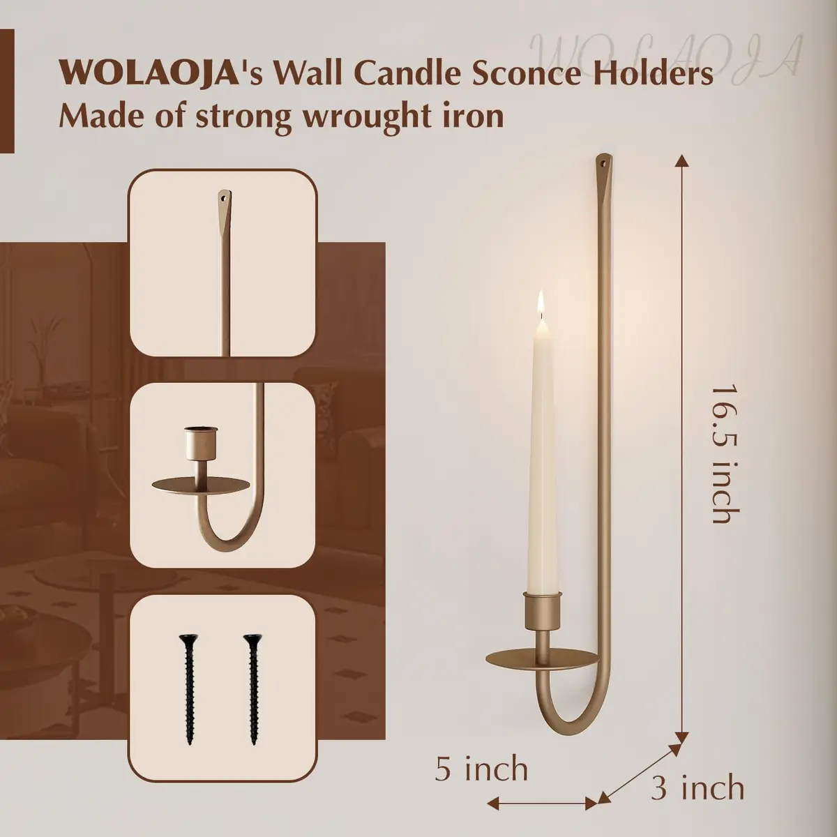 WOLAOJA Metal Wall Candle Sconce Set of 2 Brass Wall Mount Candle Holders | Modern & Farmhouse Decor - view 4
