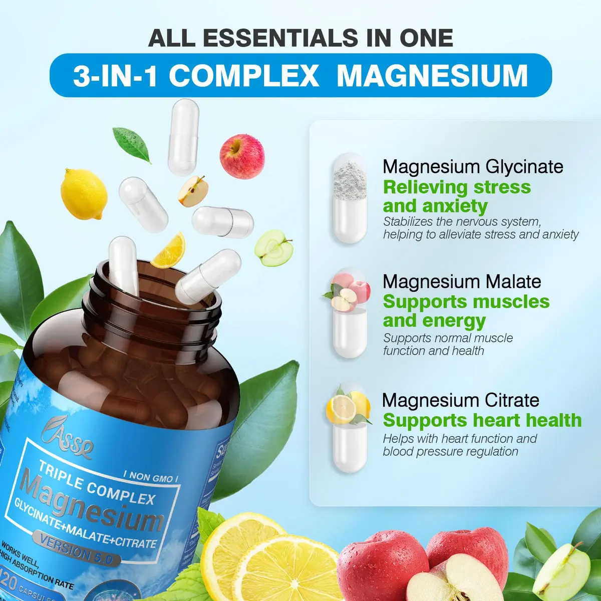 ASSR Triple Magnesium Complex 300mg | Supports Sleep, Energy & Relaxation, Vegan, Non-GMO, 120 Capsules - view 3