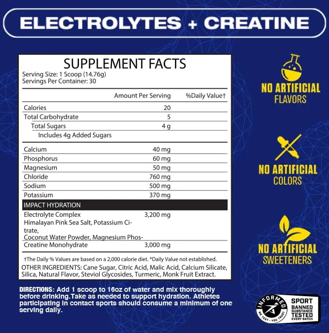 Maximum Human Performance Impact Hydration Electrolyte + Creatine Drink Mix, Lemon Lime | 15.6 Oz | Supports Hydration & Performance - view 2