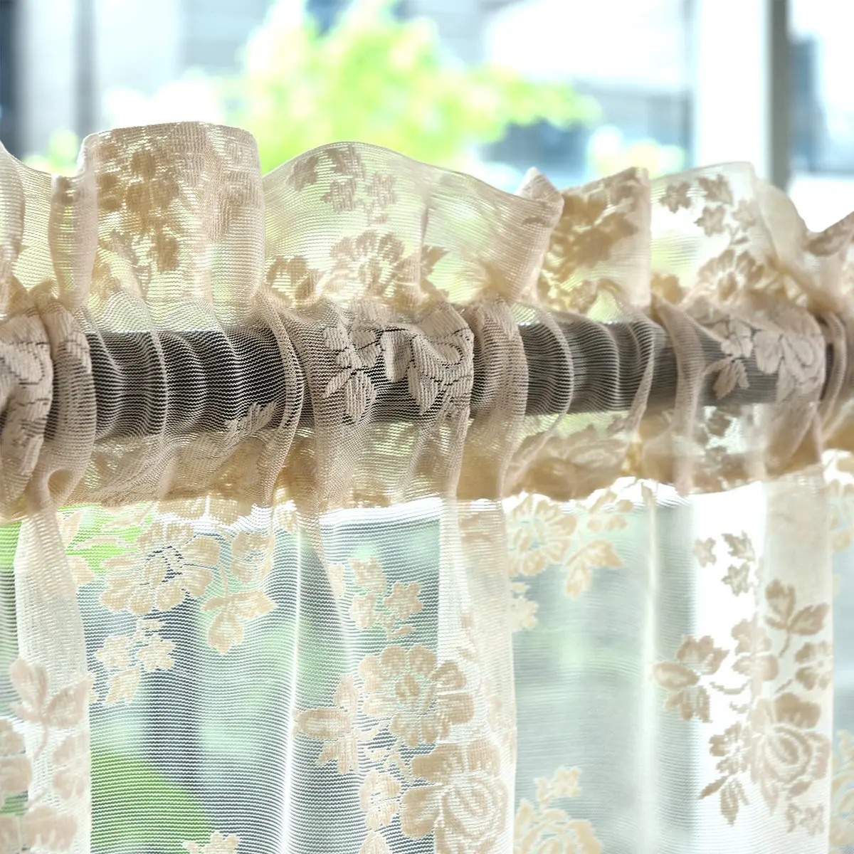 Kotile Beige Lace Valance Curtain for Kitchen Window 52 x 18 Inch | Vintage Floral Sheer Window Topper - view 4