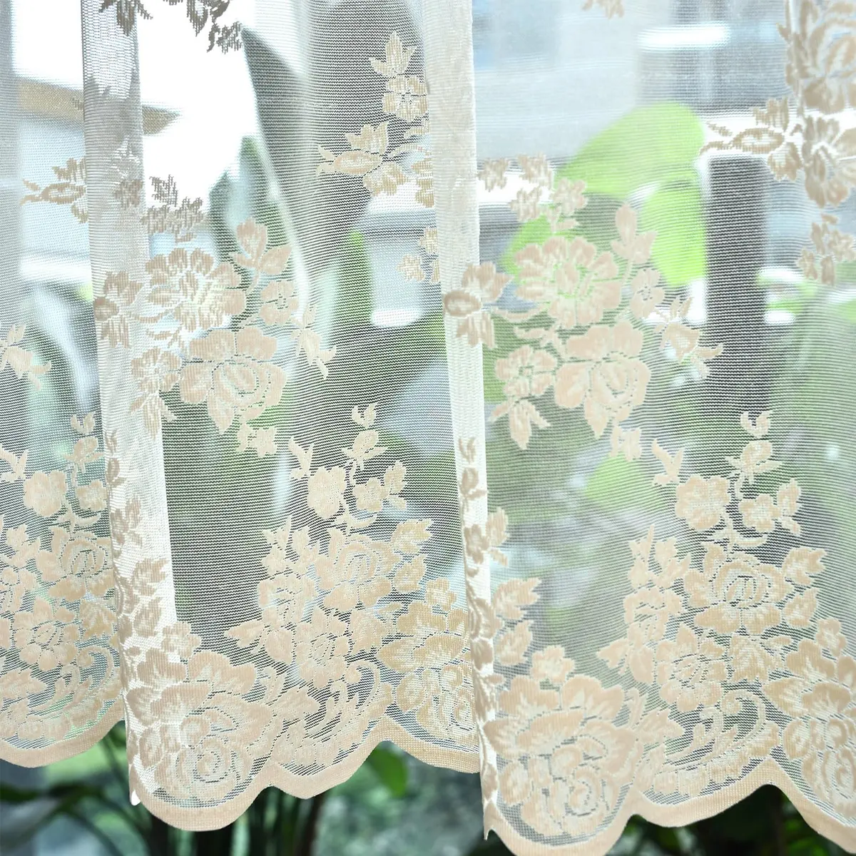 Kotile Beige Lace Valance Curtain for Kitchen Window 52 x 18 Inch | Vintage Floral Sheer Window Topper - view 5