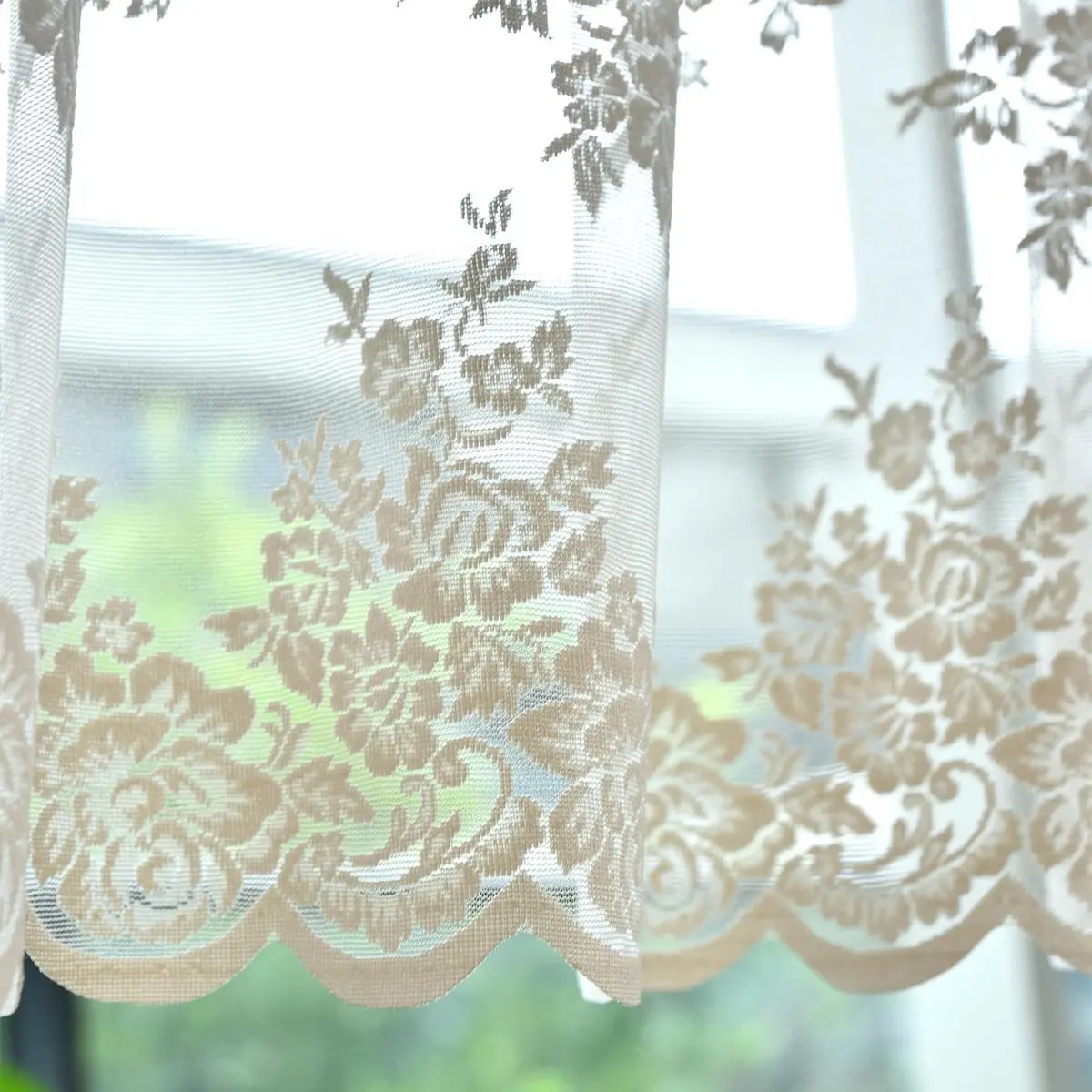 Kotile Beige Lace Valance Curtain for Kitchen Window 52 x 18 Inch | Vintage Floral Sheer Window Topper - view 6