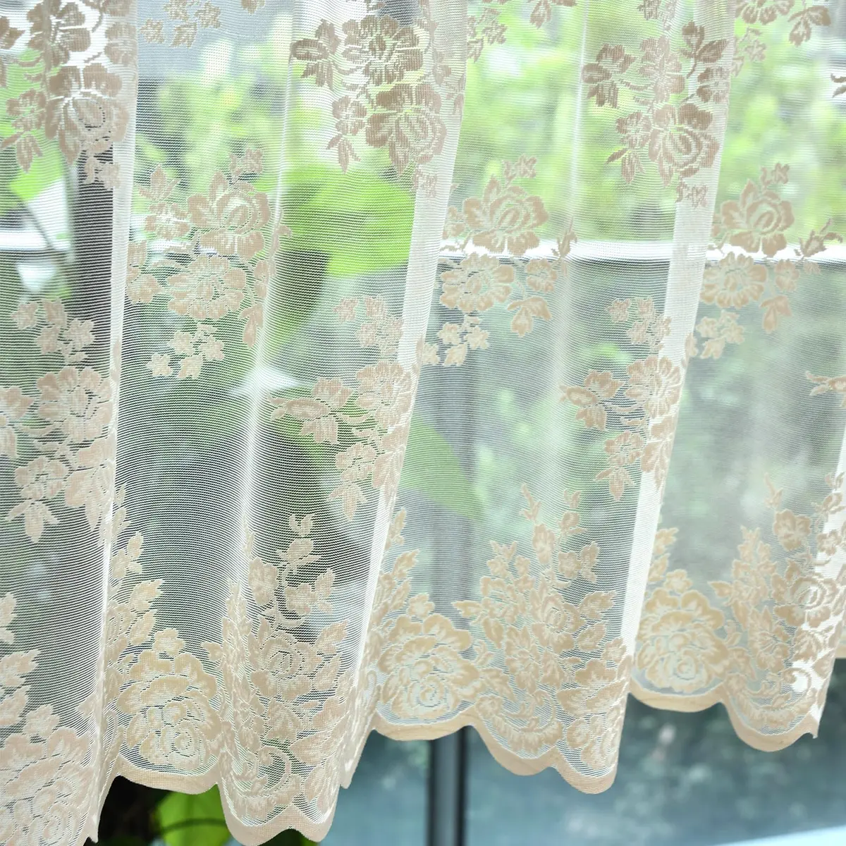 Kotile Beige Lace Valance Curtain for Kitchen Window 52 x 18 Inch | Vintage Floral Sheer Window Topper - main product image