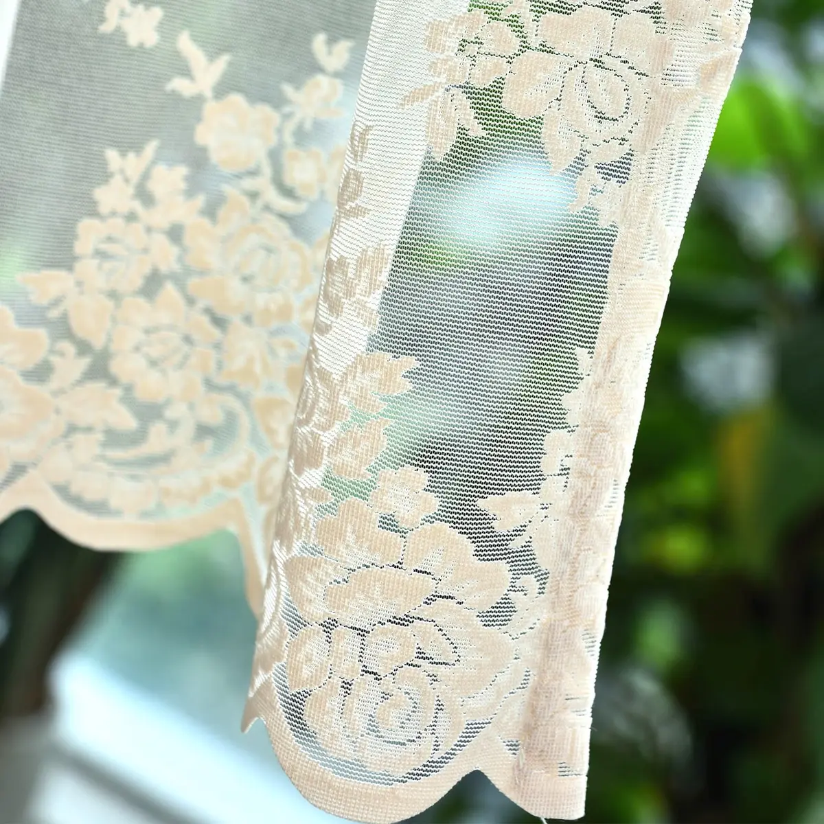 Kotile Beige Lace Valance Curtain for Kitchen Window 52 x 18 Inch | Vintage Floral Sheer Window Topper - view 7