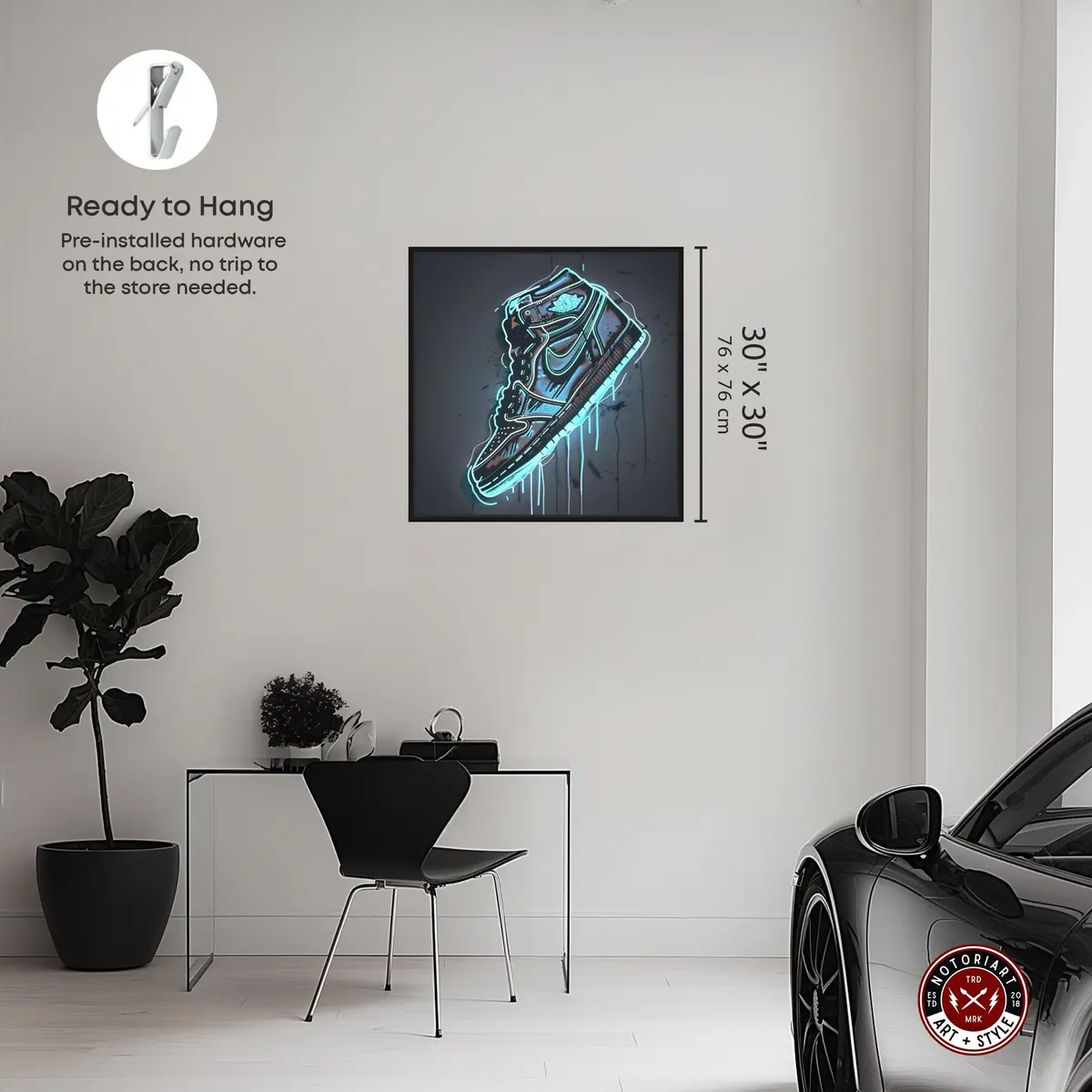 NotoriArt Blue Glow Sneaker Framed Canvas Wall Art 31" x 31" | Modern Fashion - view 4